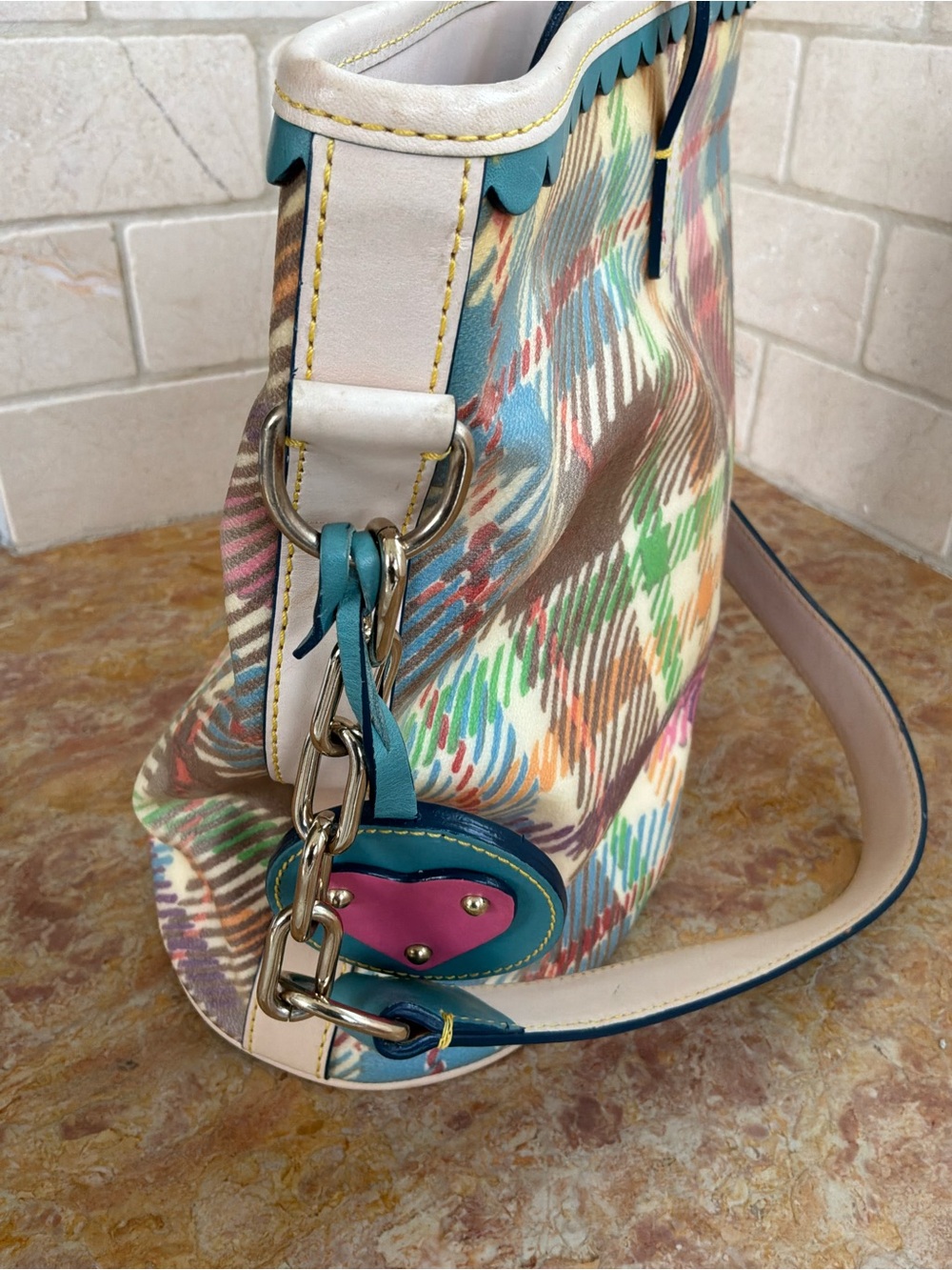 Dooney & Bourke Y2K Vintage Pastel Rainbow Tartan Plaid Bucket Bag Scalloped - Picture 14 of 16